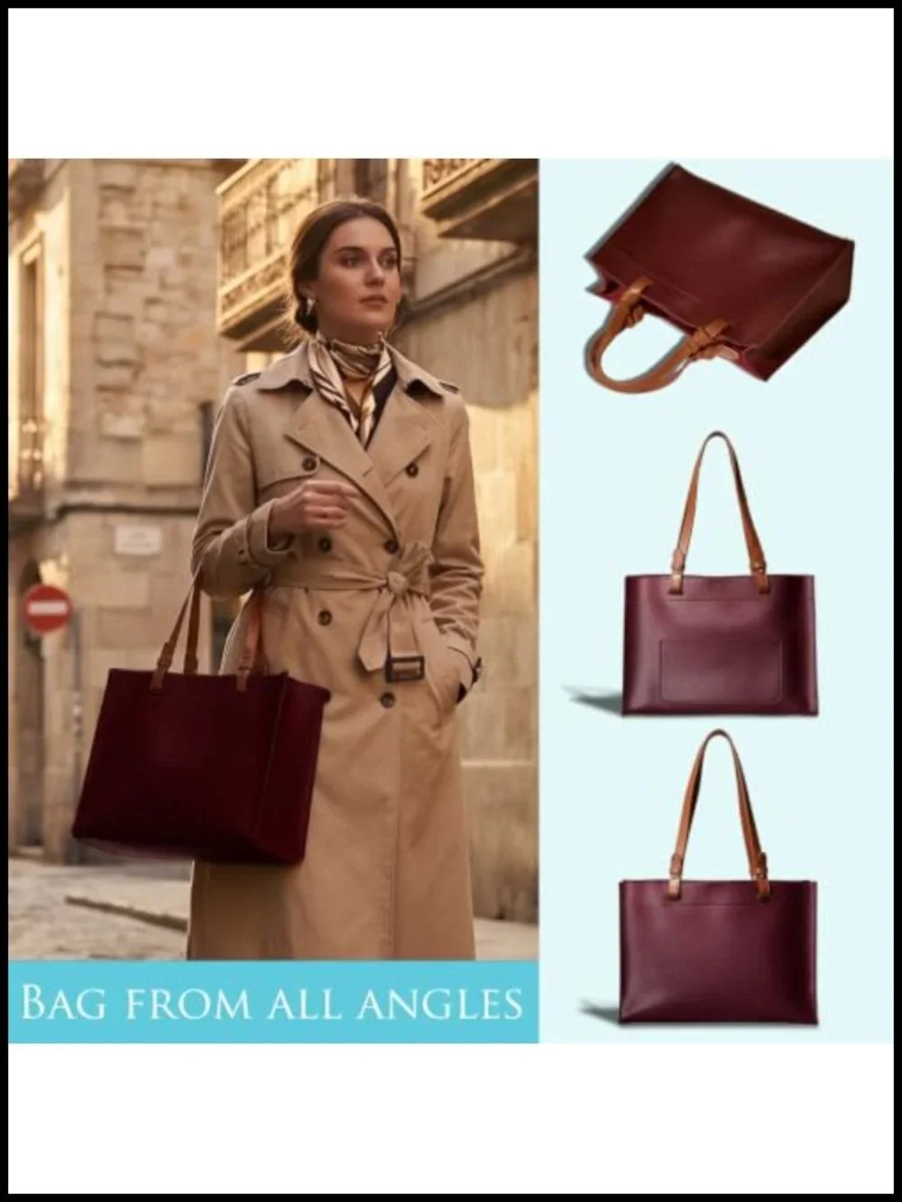 Vegan Leather Convertible Tote Bag with Detachable Pouch